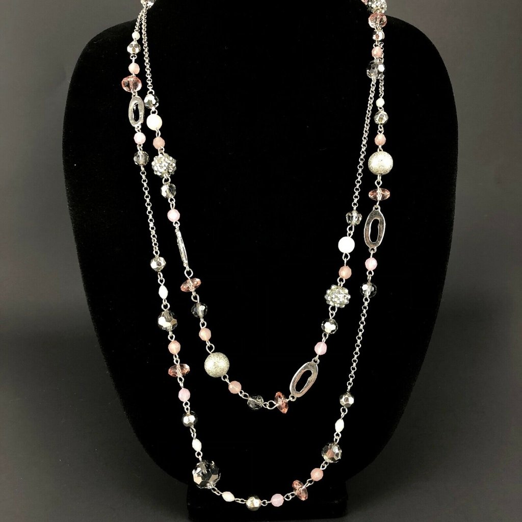 Kohls Metal Necklace Long Double Strand Chain Silver Tone With Mauve Beads